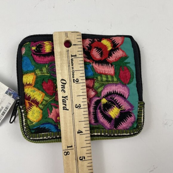 Unique Batik Floral Embroidered Mini Wallet Vibrant Color Zip Around Card Slots - Picture 7 of 7